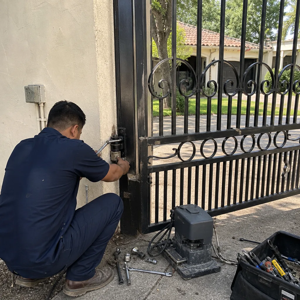 Technician performing professional gate motor repair on a metal entrance gate