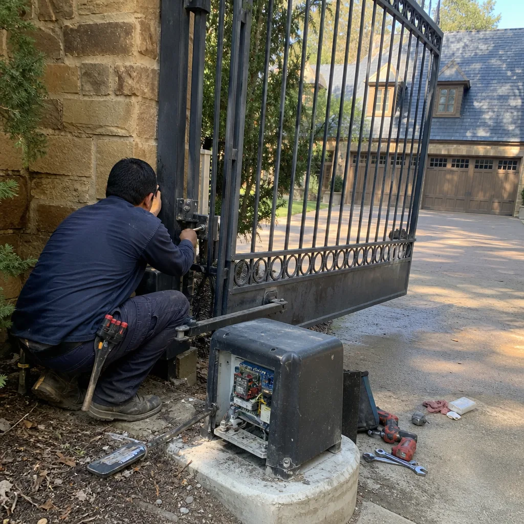 Technician performing professional electric gate motor repair and maintenance