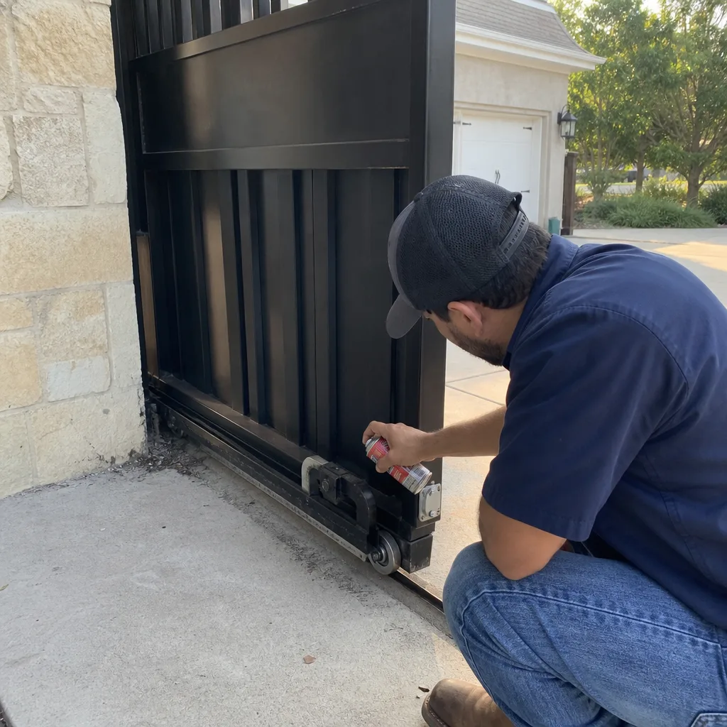 Technician performing maintenance and lubrication on a residential sliding gate