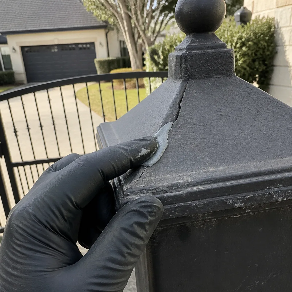 Repairing a crack on a black metal gate post