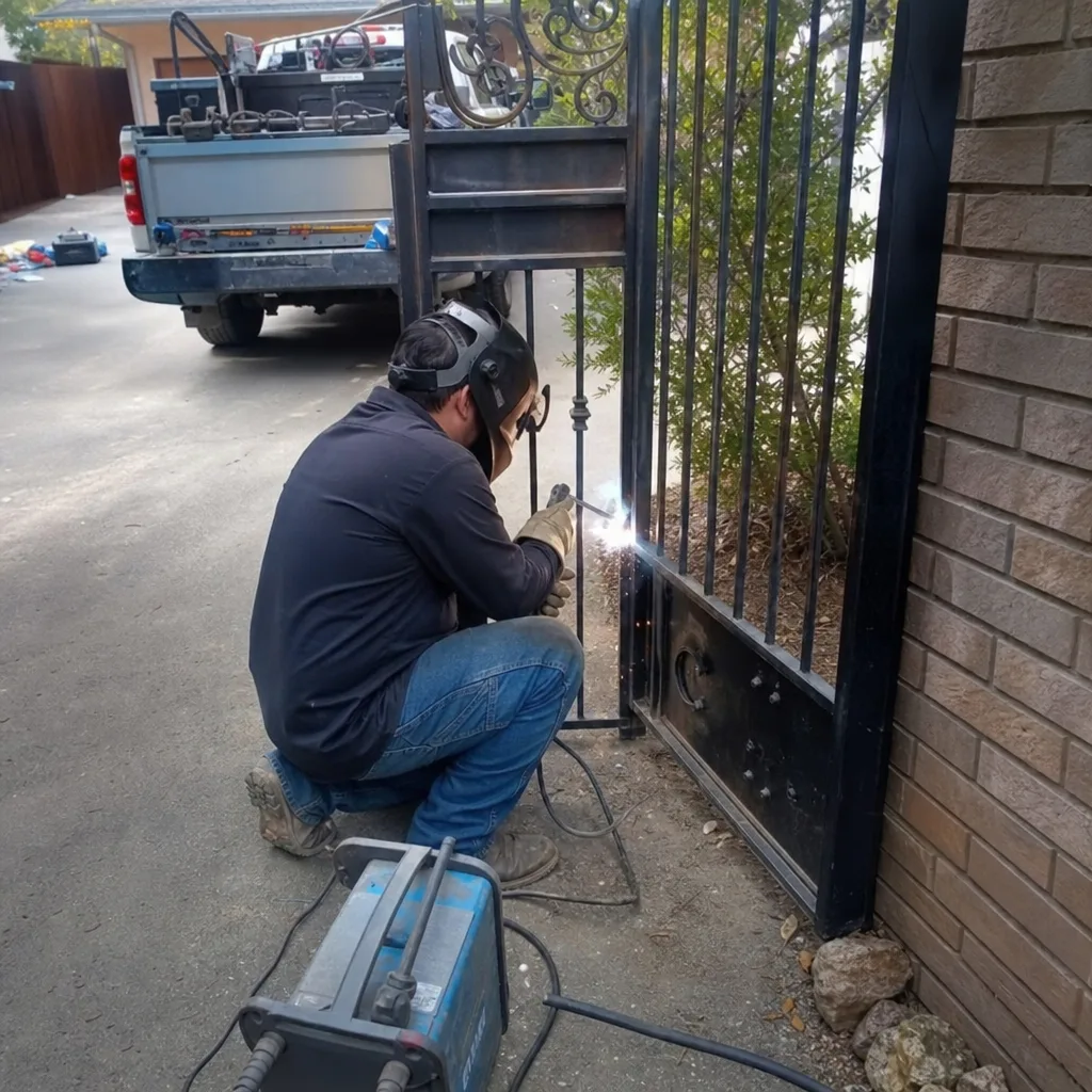 Professional welder performing iron gate repair service