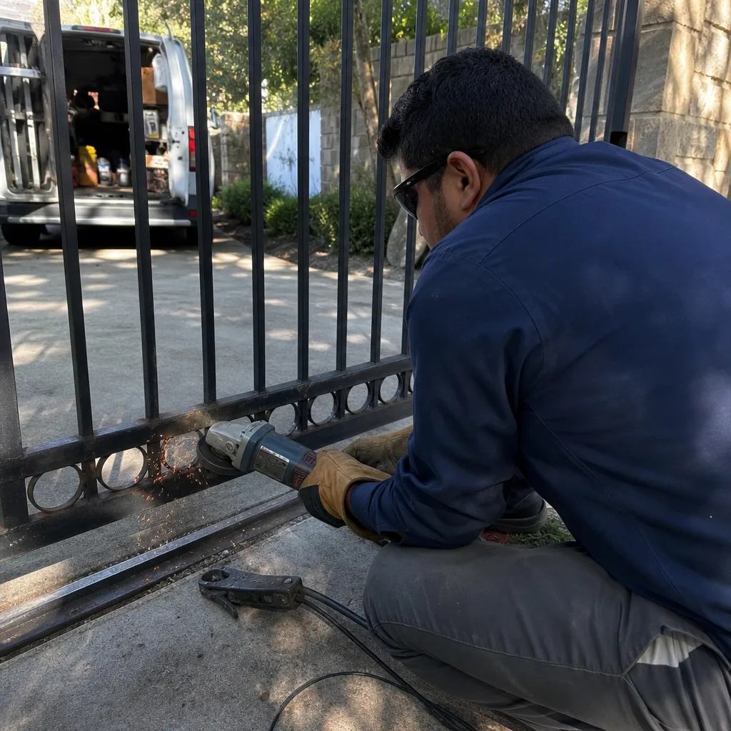 Technician using an angle grinder to repair a metal gate.